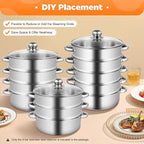 5-Tier Stainless Steel Steamer, 10.2 Inch Commercial Multi Tier Stainless Steel Cookware Pot Vegetable Meat Steamer Cooker Set w/Glass Lid for Steaming Shrimp & Miscellaneous Grains