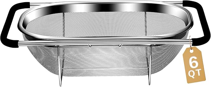 Over the Sink Colander - 6QT Strainers and Colanders - Stainless Steel Strainer - Expandable Sink Colander with Rubber Grip for Strain, Drain, Rinse Fruits, Vegetables, Home Kitchen Essentials
