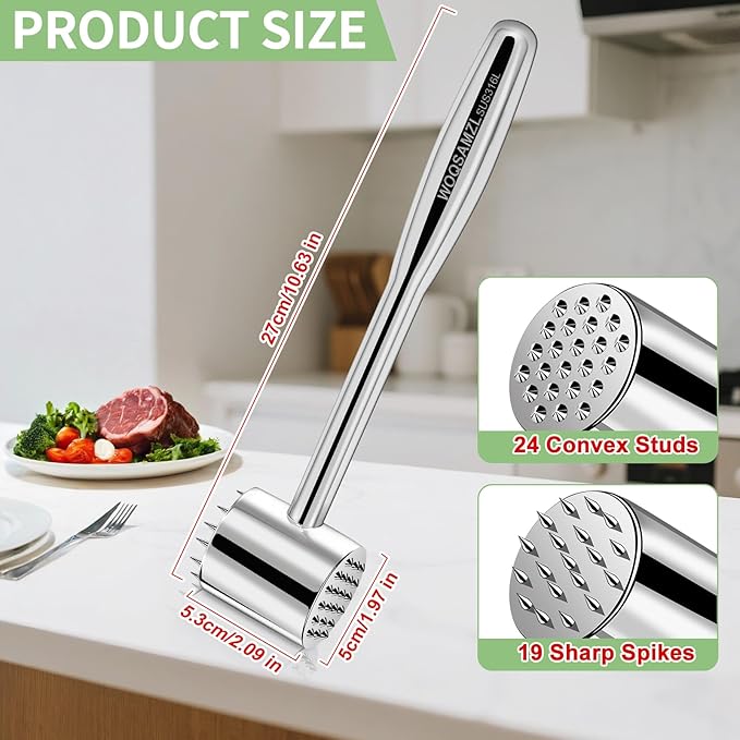 2-in-1 Real 316L Stainless Steel Meat Tenderizer Mallet Hammer,1.09lb Heavy Duty Meat Tenderizer Tool with 19 Sharp Spikes for more Flavor,Professional Meat Pounder,Dishwasher Safe & Long-Lasting