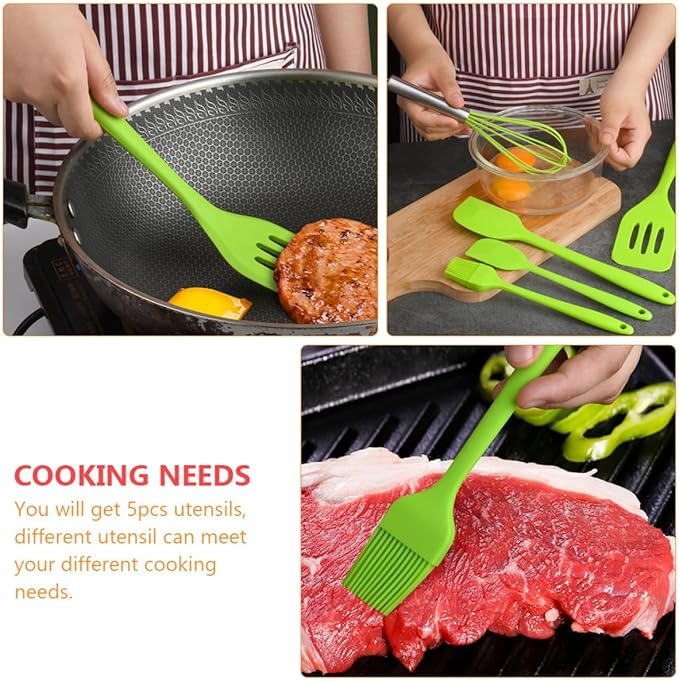 5pcs Silicone Kitchen Utensil Set Green with Egg Whisk, Scraper, Brush, and Shovel for Baking and Cooking Tools