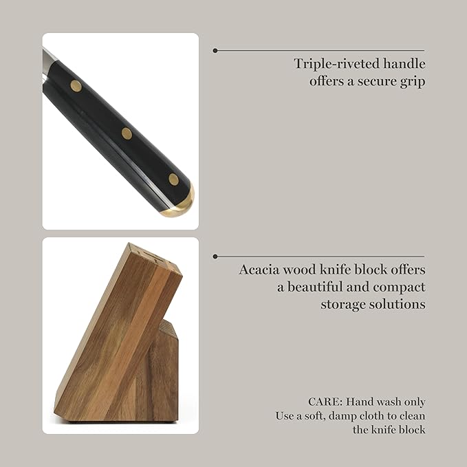Martha Stewart 16-Piece Lockton High Carbon Stainless Steel Knife Block Set - Forged Full Tang Chef Knives, Acacia Wood Block, Triple Riveted Handles, Black & Gold