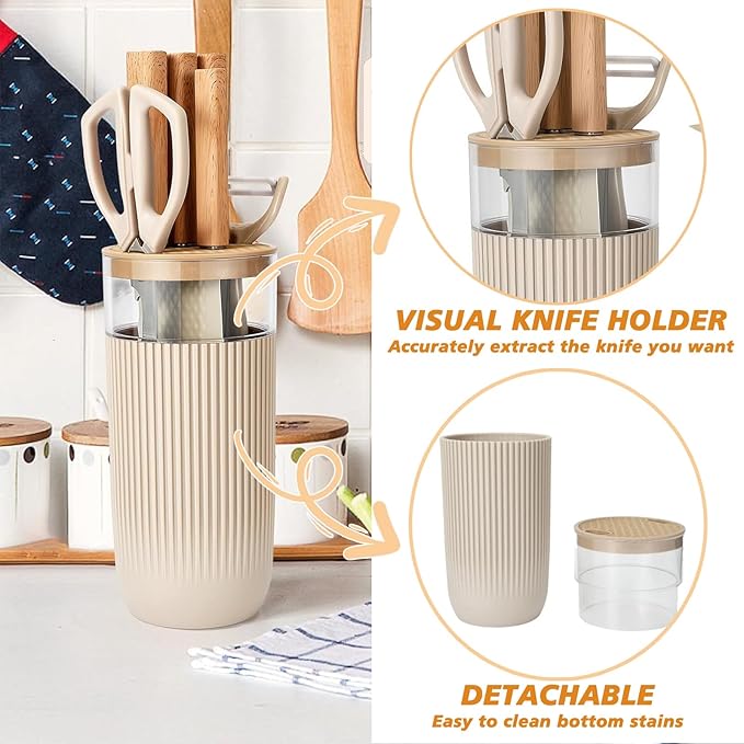 Knife Set, 7 Pieces Professional Kitchen Knife Set with Universal Knife Block, Super Sharp Knife Block Set with Ergonomic Handle Non-stick Stainless Steel Knife Block Set (Beige)