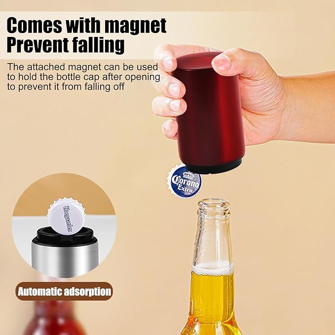 Automatic Bottle Opener Magnetic Stainless Steel Push Down Opener Destapadores de Cerveza, Down-Pop Off Beer Bottle Opener with Magnetic Cap Catcher, Home Bars Kitchen Cool Bartender Tools（red）