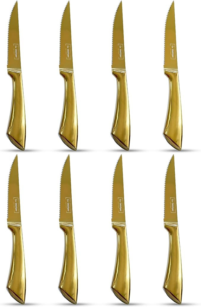 8-Piece Gold Steak Knife Set, Mirror Polished 5Cr15 Stainless Steel Steak Knives, Serrated Blades, Luxury Gold Table Knives for Dining & Kitchen