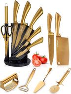 13-Piece Black & Gold Kitchen Knife Set with Block, Rod Sharpener, Garlic Press, Bottle Opener, Pizza Cutter Wheel, Y Peeler & Pie Server – Super Sharp Titanium-Coated Knives Set