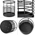 Utensil holder for Kitchen Counter - 5.2" x 5.2" x 6" Large Round Utensils Holder with Wooden Base Matte Black Cooking Utensil Holder，Kitchen countertop Utensil Organizer (Metal-1)