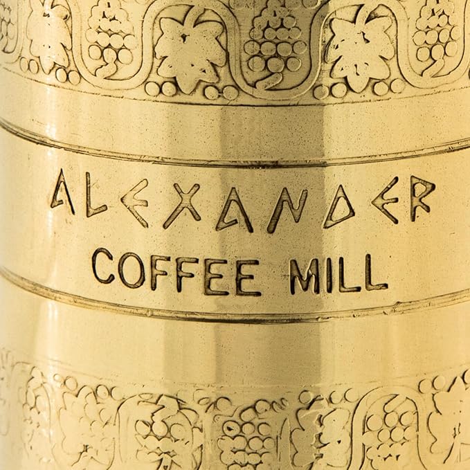 Alexander Home Original Greek Coffee Mill, 10.5-Inch Brass – European Manual Coffee Grinder, Refillable, with Polishing Cloth