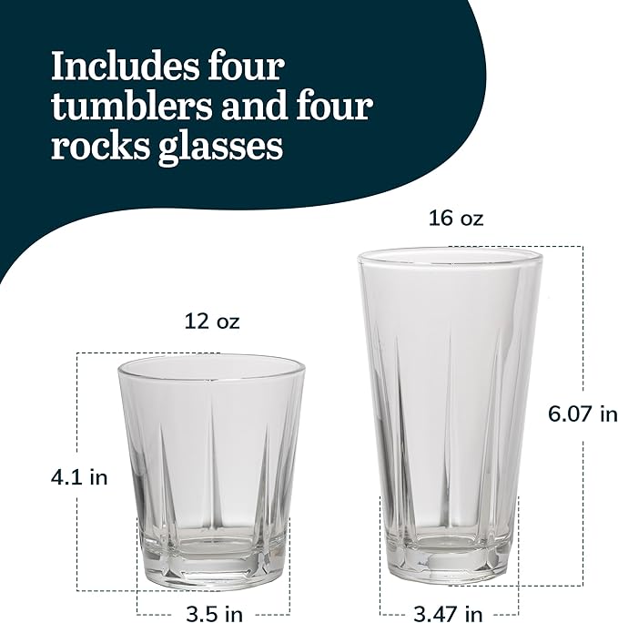 Libbey Monterrey Everyday Drinking Glasses Set of 8, Geometric Shape DOF and Glass Tumbler Set, All Purpose Kitchen Glassware Set for Water Cocktails