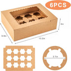 Hoewina 6PCS Cupcake Boxes - Hold 12 Count Cupcake Containers with Window, Food Grade Cupcake Holder Easy Transport and Presentation - Ideal for Cupcakes, Desserts, and More (Brown)