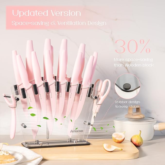 Astercook Knife Set with Block and Sharpener, 22 Piece Kitchen Knife Set Dishwasher Safe, Space-Saving Clear Knife Block with Knives for Everyday Home Cooking Pink