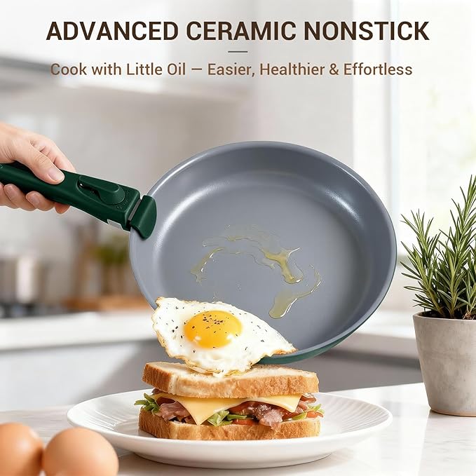 Ammeloo 18-Piece Ceramic Pots and Pans Set Non Stick, Non Toxic Cookware Set with Removable Handles, Pot Sets for Cooking, Induction Ready, Dishwasher & Oven Safe, PFAS PFOA & PTFE Free (Hunter Green)