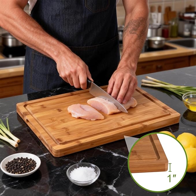 Bamboo Cutting Board, 1" Thick Heavy Duty Wood Chopping Board for Kitchen, Built-in Deep Juice Groove and Handles, Reversible Charcuterie Board for Meat BBQ, Gift for Housewarming, 17x12''