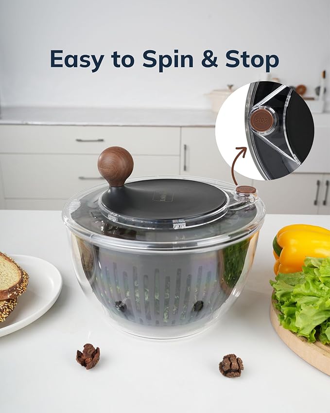 Salad Spinner, 5.3 Qt Large Lettuce & Vegetable Cleaner with Non-Slip Bottom, Quick Stop Button, Dishwasher Safe Fruit Washer, BPA-free, Black