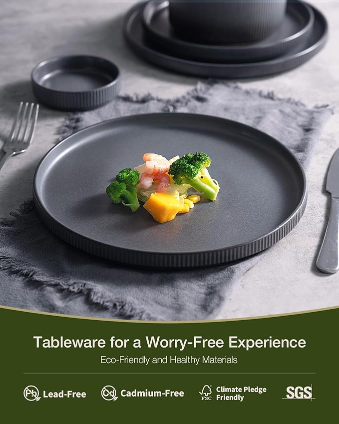 Famiware Star Dinnerware Set with Pasta Bowls, Service for 4 (16pcs), Ribbed Stoneware Plates and Double Bowls Dishes Sets - Chip & Scratch Resistant, Microwave & Dishwasher Safe, Matte Dark Charcoal