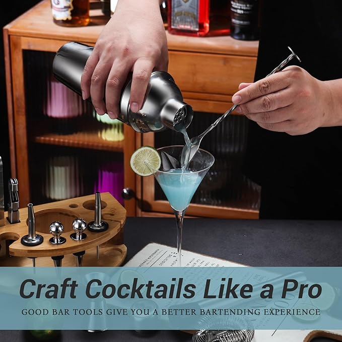 Cocktail Shaker Set Bartender Kit with Stand, 12 Piece Drink Mixer Set with Stainless Steel Bar Accessories Tools: 25oz Martini Shaker Jigger Strainer Spoon Muddler for Cocktails (Silver)