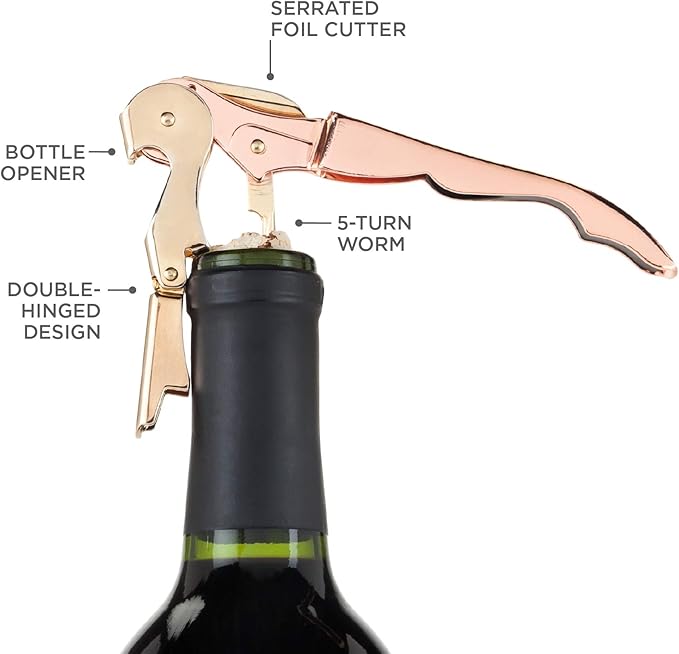 Twine Copper And Gold Double Hinged Waiter’s Corkscrew, Stainless Steel Wine Key with Foil Cutter, Double Hinged Corkscrew, Set of 1