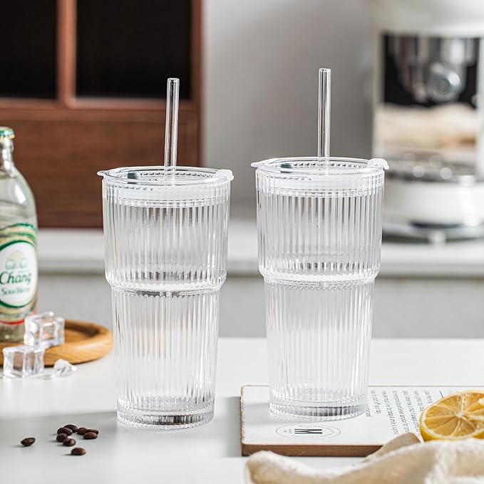 INSETLAN 8-Piece Glassware Set – 20 oz Ribbed Glass Tumblers with Lids and Glass Straws, Heavy-Duty Tumblers, Ideal for Iced Coffee, Smoothies, Cocktails, and Juices – Elegant and Durable Drinkware