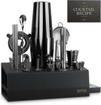 Mixology Bartender Kit - 22Pcs Bar Set Cocktail Shaker Set w Black Bar Cart Accessories Stand - Shakers Bartending Gun Metal Black Tools, 24oz Shaker, 17 Recipe Cards, Martini Barware