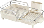 SAYZH Dish Drying Rack - Expandable Dish Rack for Kitchen Counter, Rust-Resistant Dish Drainer with Utensil Holder and Raised Guardrail, Kitchen Organizer for Cup and Bottle (Beige)