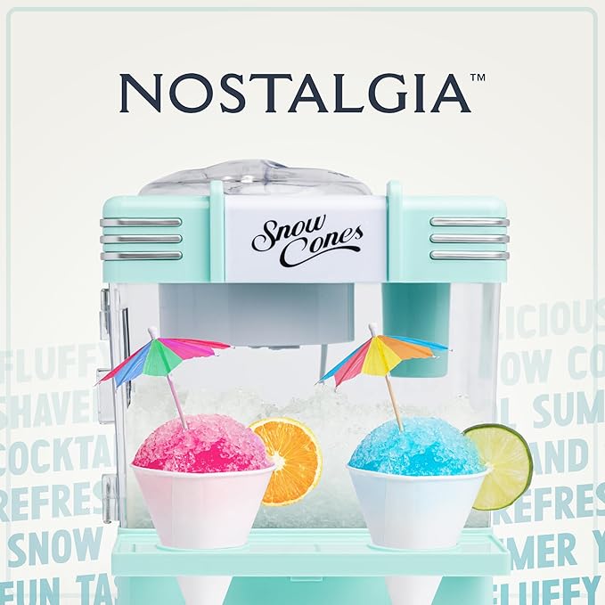 Nostalgia Snow Cone Machine With 2 Reusable Plastic Cups & Ice Scoop for Easy Serving- Retro Table-Top Ice Cone Maker Makes 20 Icy Treats- Slushie Machine for Parties, Family Treats & Gatherings- Aqua