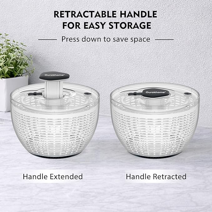 Ourokhome 6.3 QT Salad Spinner with Fully Removable Lid, Large Lettuce Dryer with One-Hand Press Pump, Instant Stop Brake Button and Retractable Handle, Vegetable Washer & Spinner for Greens and Herbs