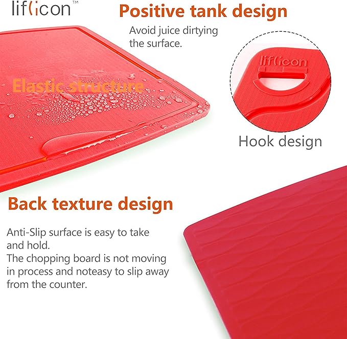 Liflicon Silicone Thick Cutting Boards Mats Set of 3pcs Foldable & Flexible Design Juice Grooves Easy Grip Handle Dishwasher Safe for Kitchen,BPA free Silicone Cutting Boards/Mats-Red
