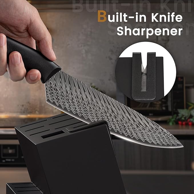 Knife Set, Amorston 15 Pieces Kitchen Knife Set with Built in Knife Sharpener, High Carbon German Stainless Steel Knife Block Set, Black Dishwasher Safe Knives Set, Valentine's Gift
