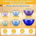 LemonRoad 6 Pcs Plastic Mixing Bowl Set with Lids Colorful Serving Bowl Nesting Storage Bowls for Kitchen, Baking, Prepping, Cooking and Serving Food, Dishwasher & Microwave Safe (Dark Blue)