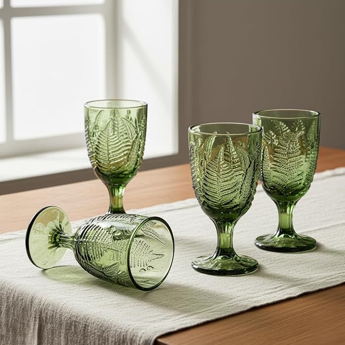 Vintage Green Stemmed Goblets Set of 4, Fern Embossed Textured Glass Wine Goblets, Retro Boho Colored Stemware, Decorative Drinking Glasses for Water, Wine & Cocktails, Vintage Glassware Gift Set