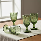 Vintage Green Stemmed Goblets Set of 4, Fern Embossed Textured Glass Wine Goblets, Retro Boho Colored Stemware, Decorative Drinking Glasses for Water, Wine & Cocktails, Vintage Glassware Gift Set