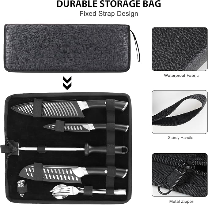 MOSFiATA Kitchen knives set with Carry case Bag,Stainless Steel Chefs Knife Set with Knife Sharpener Rod,Japanese Santoku Knives Set with ABS Handle for Outdoor Travel Camping BBQ