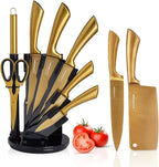 Luxury Black & Gold Kitchen Knife Set with Block & Rod Sharpener – 8-Piece Titanium-Coated Stainless Steel Knives, Ultra Sharp Chef Knife Set, Ideal Knives Set for Kitchen
