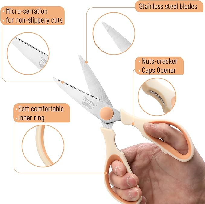 Mr. Pen- All Purpose Kitchen Shears with Protective Sheath, 8 Inch, Dishwasher Safe, Stainless Steel Food Scissors with Micro-Serrated Blades, Durable Utility Kitchen Shears, Cream & Tan