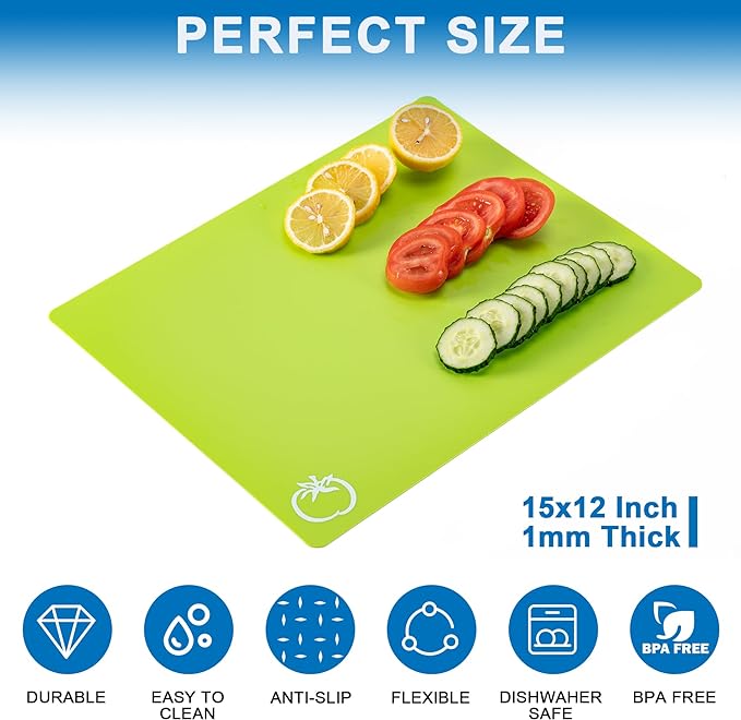 5 Pieces Flexible Plastic Cutting Board Mats with Food Icons, BPA Free Cutting Boards for Kitchen, Non Slip Cutting Mat for Meat and Vegetables (Red, Bright Yellow, Light Green, Purple, Lake Blue)