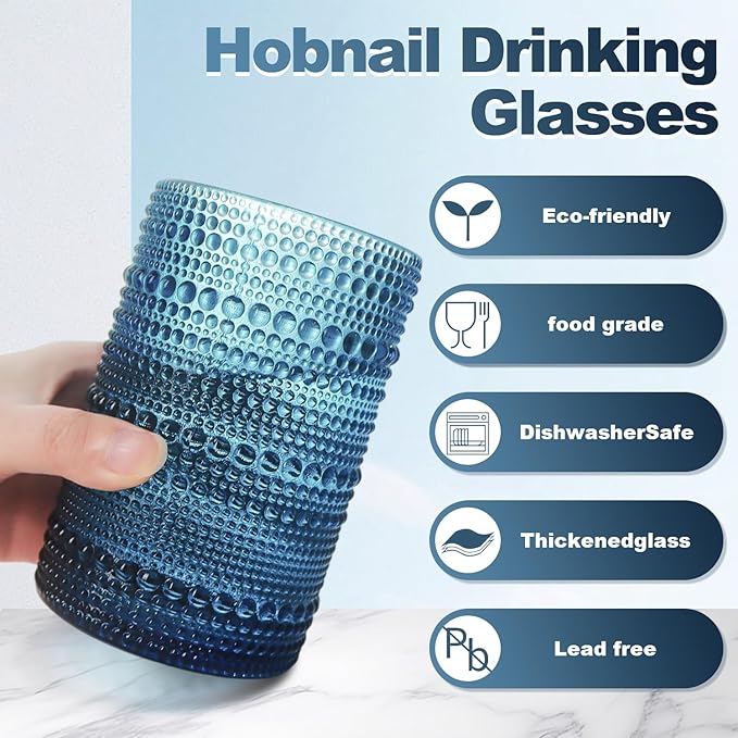 15oz Colored Hobnail Drinking Glasses, Vintage Glasses Drinking Set of 6, Embossed Beaded Glass Cups for Kitchen, Beer, Juice, Cocktail, Whiskey, Milk
