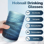 15oz Colored Hobnail Drinking Glasses, Vintage Glasses Drinking Set of 6, Embossed Beaded Glass Cups for Kitchen, Beer, Juice, Cocktail, Whiskey, Milk