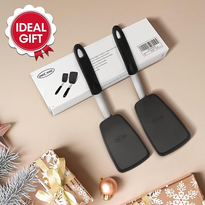 Unicook 2 Pack Flexible Silicone Spatula, Turner, 600F Heat Resistant, Ideal for Flipping Eggs, Burgers, Crepes and More, Black