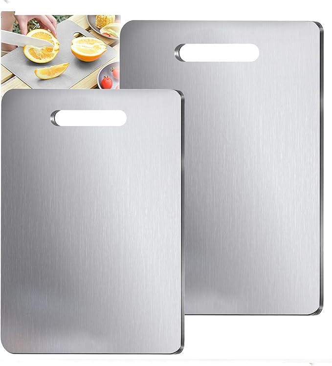 100% Pure Titanium Cutting Board Set of 2, Food-Grade Titanium Cutting Boards for Kitchen Dishwasher Safe, Double-Sided Metal Charcuterie Chopping Board Mat for Meat, Cheese & Fruit (XL+XL)