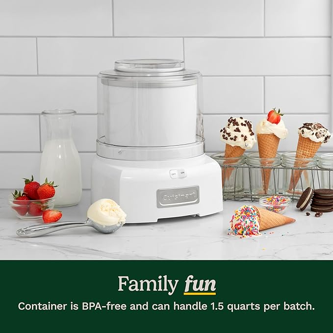 Cuisinart Ice Cream Maker, 1.5 Quart Double Insulated, Sorbet and Frozen Yogurt Maker, Ready in 20 Minutes, ICE-21P1, White