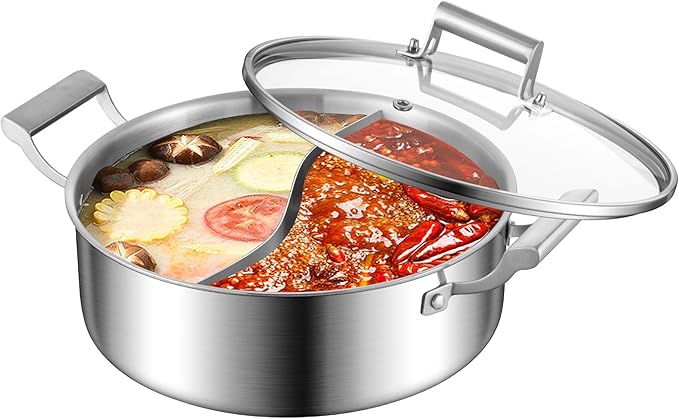 Delarlo 6.8QT Tri-Ply Stainless Steel Double-flavor Shabu Shabu Pot 12 inch Everyday Pan with Lid, Kitchen Induction,Cooking Hot Pot, Oven Safe Stock Pot, Up to 600℉