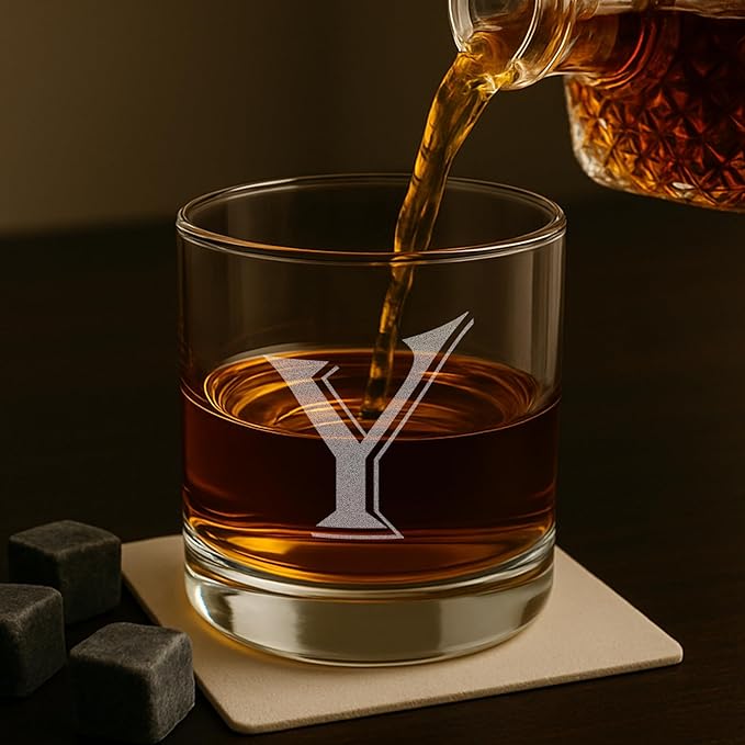 Monogrammed Gifts for Men - 4PC 11 Oz Custom Whiskey Glasses (Y-Monogram) - Engraved Whiskey Glasses - Personalized Whiskey Glasses - Unique Bourbon Glasses - Personalized Glass Gifts for Dad
