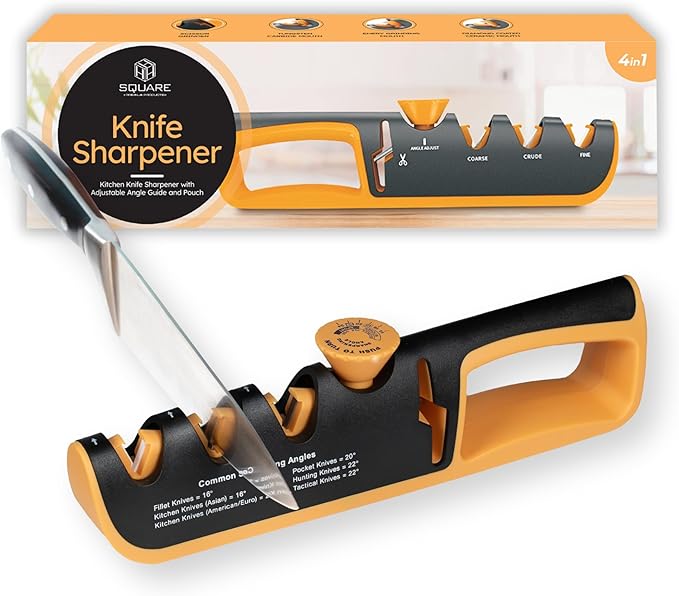 HSQUARE Knife Sharpener for Kitchen – 4-in-1 Manual Sharpener with Adjustable Angle Guide | Pull Through Professional Knife Sharpeners for Kitchen Knives, Scissors, Chef & Pocket Knives