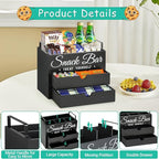 Snack Organizer for Countertop, Wood Pantry Storage Bins with Handles, Snack Organizer for Pantry, Kitchen, 4 Compartment Food Container Snack Box with 2 Drawers, Pantry Organizer for Snacks, Chips