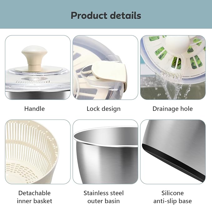 Salad Spinner Stainless Steel，Manual lettuce dryer With lid, basin, drain frame and non-slip base,lettuce spinner with Quick Spin,Spaghetti & Chip Strainer BPA Free,Easy Clean,5qt