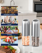 CIRCLE JOY Gravity Electric Salt and Pepper Grinder Set, Battery Powered Automatic Pepper Mills with Adjustable Coarseness, One Hand Operation, 176ml Large Container, Silver - Includes 8 Batteries