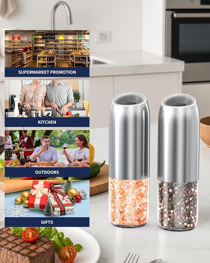 CIRCLE JOY Gravity Electric Salt and Pepper Grinder Set, Battery Powered Automatic Pepper Mills with Adjustable Coarseness, One Hand Operation, 176ml Large Container, Silver - Includes 8 Batteries
