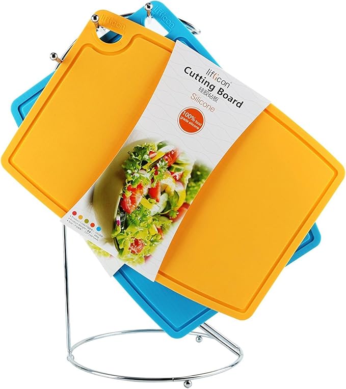 Liflicon Thick Silicone Cutting Board 12.6'' x 9.1'' Juice Grooves Easy Grip Handle Dishwasher Safe-Yellow
