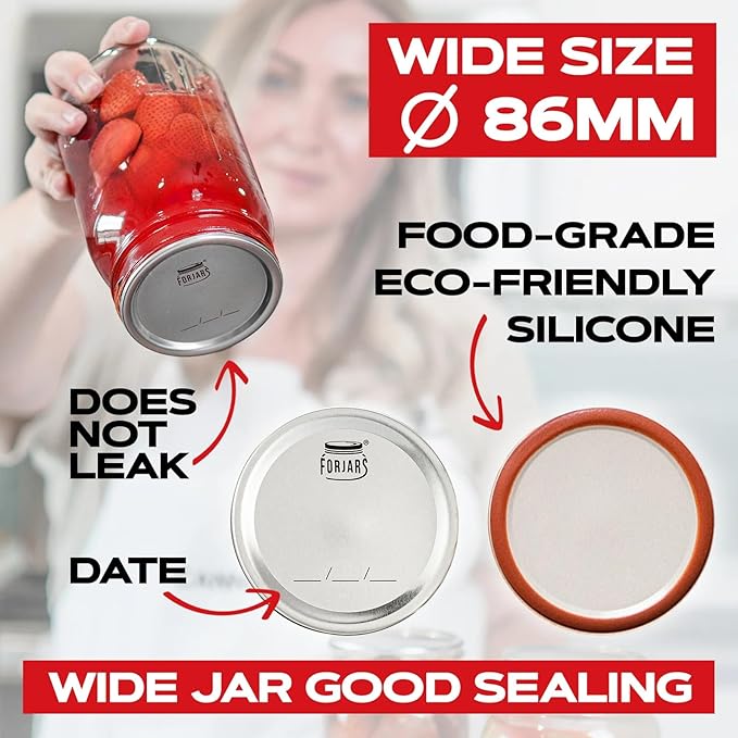 FORJARS - Wide Mouth Canning Lids, 100-Pack – Create Airtight Seals on Mason Jars to Preserve Food for Meal Prep & Emergency Food Storage – 3.4 In. Metal Lids with Silicone Seals – Canning Supplies