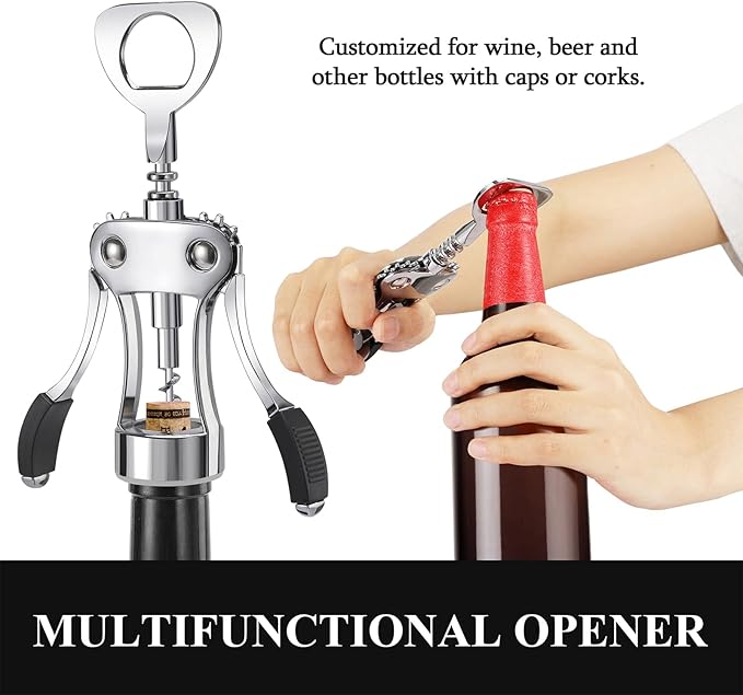 KORCCI Multifunctional Wine Bottle Opener Gift Set - Heavy-Duty Zinc Alloy Wing Corkscrew, Foil Cutter, Vacuum Stopper & Aerator Pourer for Kitchen, Bar, Restaurant, Bartenders
