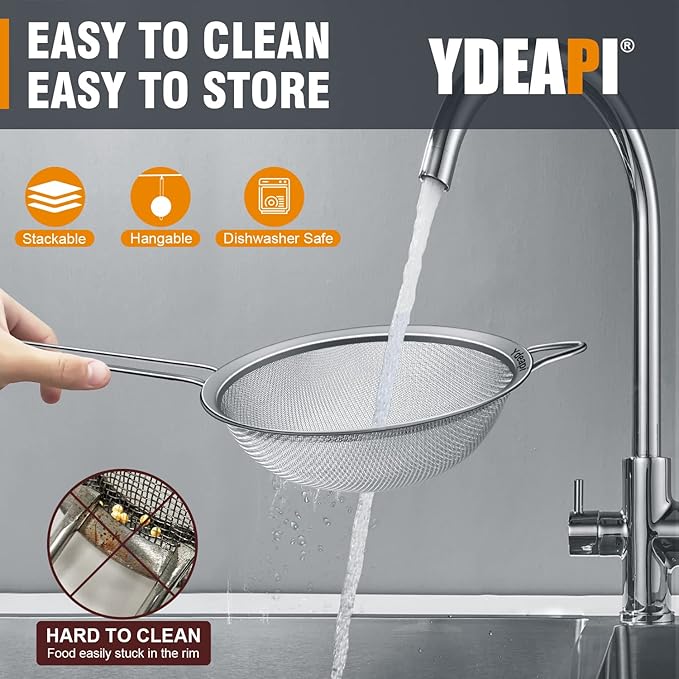 Ydeapi 8.6" Large Fine Mesh Strainer with Handle, Metal Food Strainers for Kitchen, Sieve Fine Mesh Stainless Steel for Rice, Quinoa, Pasta, Noodles